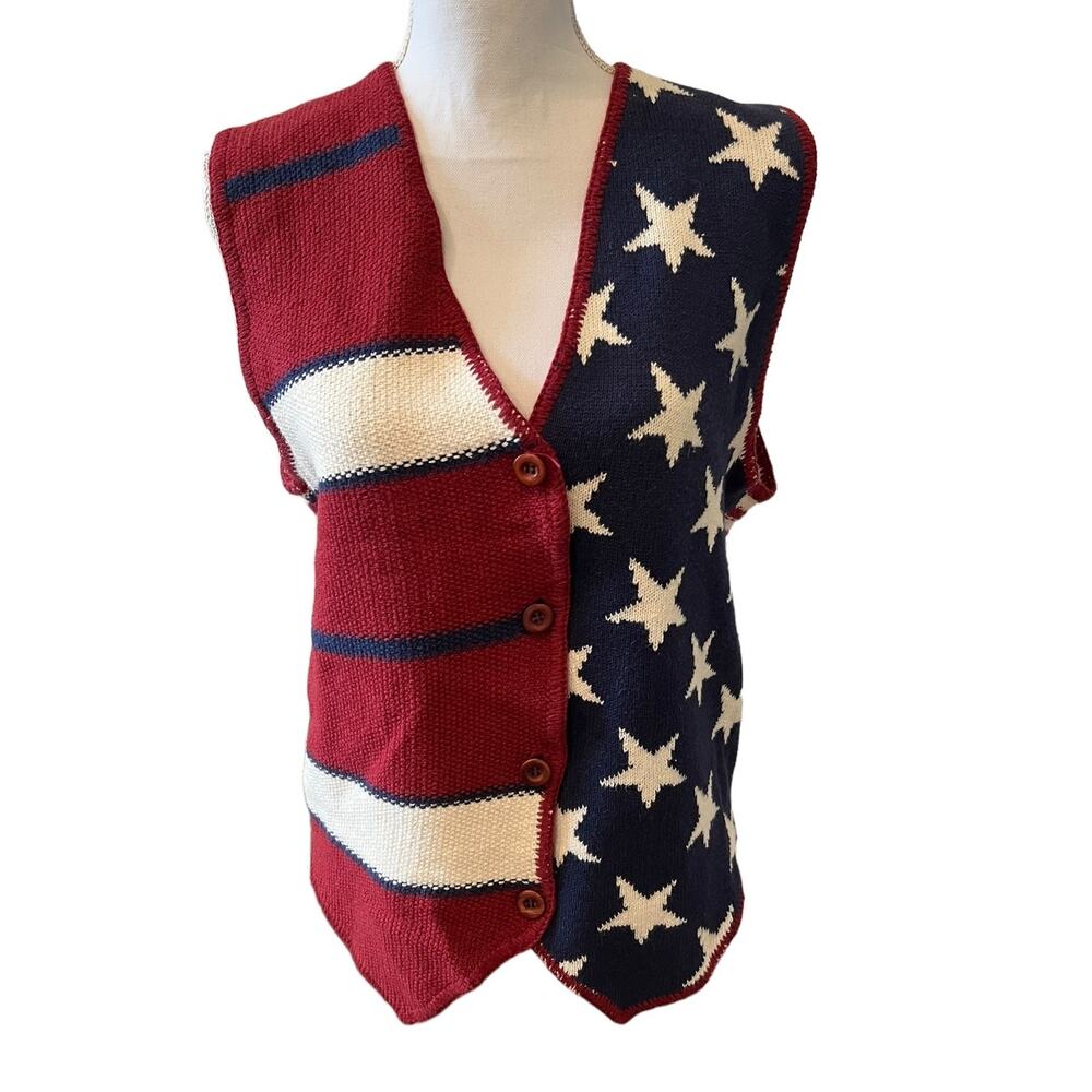Vintage Express Tricot Patriotic Knit Vest Stars Stripes L